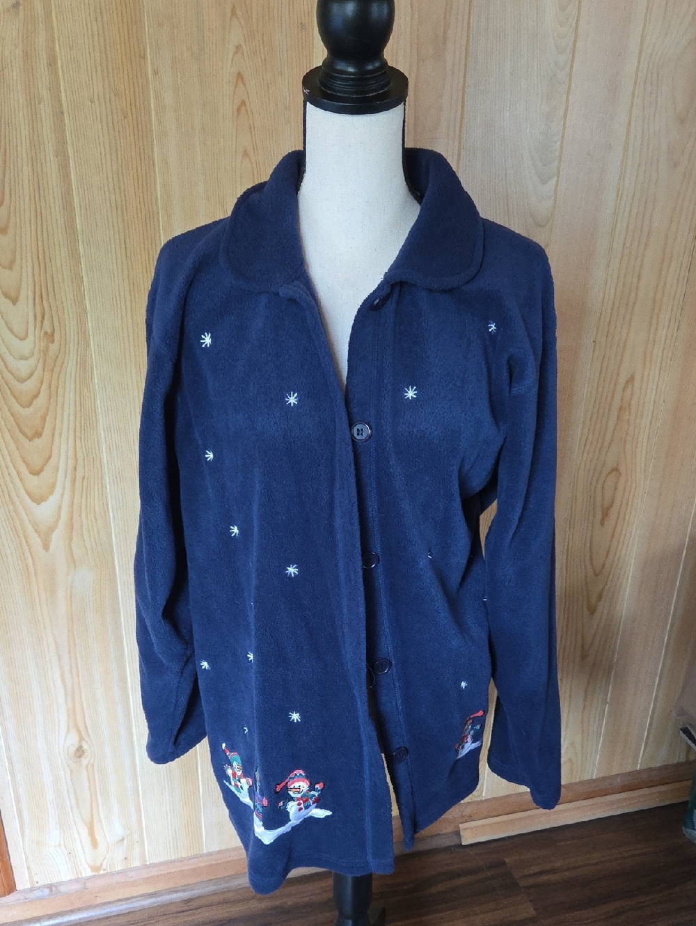 Preview International Navy Blue Fleece Button-Up Jacket with Snowman Embroidery